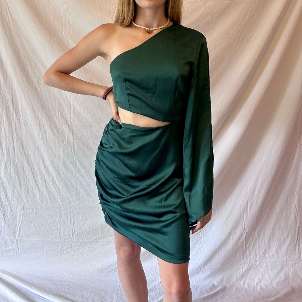 Green Satin One Shoulder Cut Out Dress